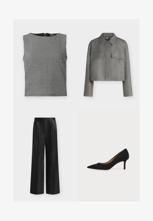 Veste grise courte avec manches longues, col pointu, poches à rabat devant et fermeture boutonnée invisible sur fond uni.; Haut sans manches noir et blanc à motif pied-de-poule avec un col rond et une fermeture éclair au dos. Fabriqué en tissu texturé.; Pantalon noir à jambes larges en simili cuir, taille haute et détail de ceinture sur le côté, sur fond gris clair.; Escarpin en daim noir à bout pointu avec un talon stiletto fin de hauteur moyenne et un design à coupe basse sur un fond uni.
