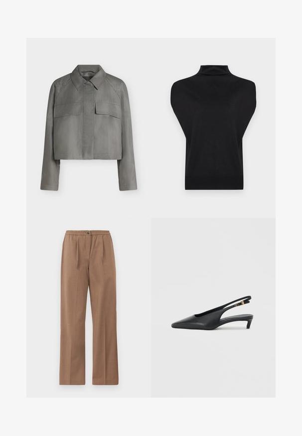 Veste grise courte avec manches longues, col pointu, poches à rabat devant et fermeture boutonnée invisible sur fond uni.; Pull noir sans manches à col roulé avec de larges panneaux aux épaules et un ourlet côtelé ajusté, présenté sur un fond blanc.; Pantalons marron à jambes larges avec une taille élastique et une fermeture à bouton. Texture lisse avec un léger éclat et sans motifs visibles.; Des escarpins à talon ouvert noirs avec un bout pointu, une texture en cuir lisse, un petit talon aiguille, et une sangle avec un accent de boucle en métal.