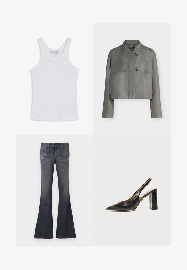 Grijze cropped jas met lange mouwen, puntige kraag, voorflapzakken en verborgen knoopsluiting op een effen achtergrond.; Witte tanktop van gladde stof, met een ronde halslijn en brede schouderbanden, met een label binnenin waarop "IVY OAK" staat.; Donkergrijze uitlopende spijkerbroeken met dubbele knoopsluiting, voorzakken met steekzak en subtiele vervaging langs de dijen en knieën.; Zwarte leren slingback schoen met spits toelopend neusje, hoge blokhak en beige binnenvoering tegen een effen lichte achtergrond.