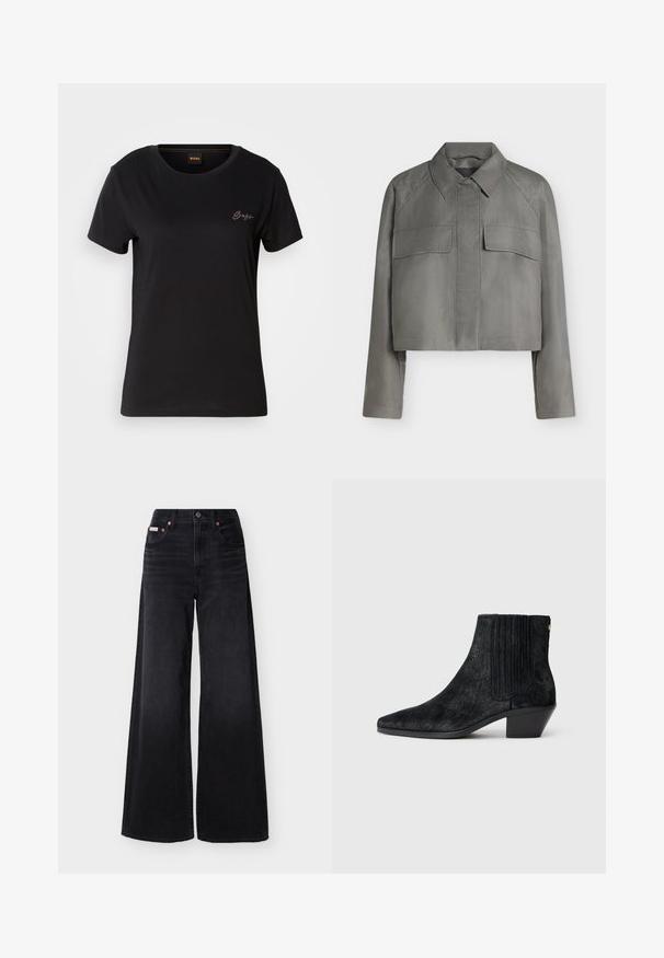 Grijze cropped jas met lange mouwen, puntige kraag, voorflapzakken en verborgen knoopsluiting op een effen achtergrond.; Zwarte korte mouwen t-shirt met een ronde hals, voorzien van een klein ton-sur-ton geborduurd logo op de linkerborst. Glad stofoppervlak.; Zwarte wijde jeans met hoge taille, knoop- en ritssluiting aan de voorkant, lussen voor een riem en een ontwerp met vijf zakken.; Zwarte enkelboot met een spitse neus, textuur die lijkt op haar, ribbelpaneel aan de zijkant en een lage blokhak. Eenvoudig en modern ontwerp.