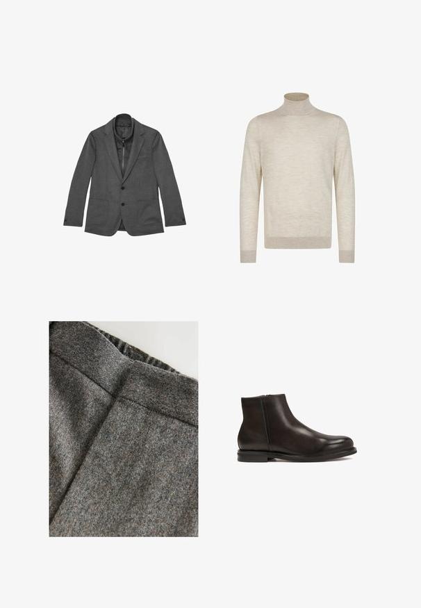 Blazer gris en tissu texturé, présentant une fermeture à deux boutons, des revers crantés et deux poches avant, avec une coupe élégante et ajustée.; Pull à col roulé beige clair à manches longues, avec des poignets et un ourlet côtelés, présenté sur un fond blanc.; Pantalon en laine grise mélangée avec une texture lisse, doté d'une taille large et d'une coupe propre et classique. Subtiles nuances de couleur présentes.; Bottine en cuir noir avec une texture lisse, bout arrondi et un petit talon. Dispose d'une fermeture éclair sur le côté pour un enfilage facile.