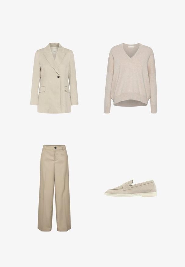 Beige blazer med en enkelt knap, hakrevers, lange ærmer, to lommer med klapper foran og en lige kant.; Beige v-hals sweater med dropped shoulders, lange ærmer og en afslappet pasform. Blødt, tekstureret stof med en let cropped nederste kant.; Beige højtaljede bukser med brede ben, en enkelt frontknap, bæltestropper og pressede folder. Glat tekstur og skræddersyet silhuet.; Lys beige suede loafers med en lav hvid sål, afrundet tå og en syet rem henover toppen.