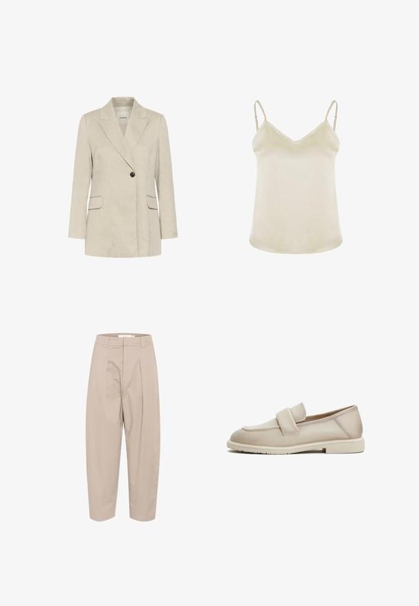 Beige blazer med en enkelt knap, hakrevers, lange ærmer, to lommer med klapper foran og en lige kant.; Lys beige camisole med V-udskæring, justerbare stropper og en glat, blød tekstur. Enkel design uden mønstre eller dekorationer.; Beige, bomuldsblandede bukser med en løs pasform, der har for-pleats, en talje og cropped ankler. Enkel design, ingen mønstre eller accenter.; Beige læder loafers med en jævn tekstur, der har et forhøjet bånd over forgabreren og en lav, flad gummisål.