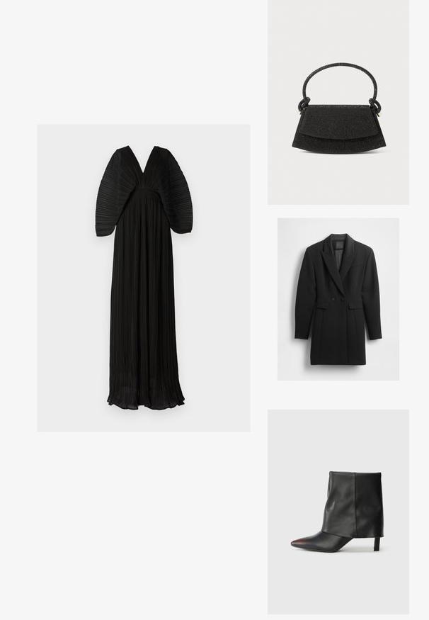 Blazer negro a medida hecho de tela estructurada. Cuenta con un cuello con muesca, botones de doble botonadura y dos bolsillos delanteros.; Vestido maxi plisado negro con un escote en V profundo y mangas voluminosas y texturizadas. Cuenta con una cintura ajustada y una silueta fluida.; Botín negro de piel lisa con punta afilada y tacón cónico. La parte superior presenta un diseño ligeramente fruncido.; Bolso de mano negro con una forma estructurada, material texturizado, un asa anudada y un cierre de solapa. Presenta un brillo sutil y un hardware minimalista.