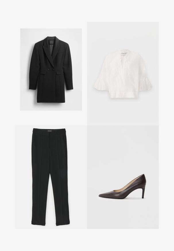 Zwart getailleerd colbert van gestructureerde stof. Heeft een reverskraag, dubbele knopenrij en twee voorzakken.; Witte losse linnen blouse met wijde 3/4 gerimpelde mouwen, een borstzak aan de voorkant en een strikdetail aan de hals van Munthe.; Zwarte broek met een recht gesneden ontwerp, voorzien van plooien, zijzakken en een gladde textuur. Gemaakt van een lichtgewicht stof.; Bruine leren pumps met een spits toelopende neus en een slanke hak van 7 cm, met een glad oppervlak en minimalistisch ontwerp. Zonder zichtbare versieringen.