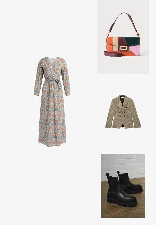 Dobbeltradet brun og beige hundetandsmønstret blazer med sorte knapper og hakrevers, frontlommer med klap og lange ærmer.; Maxi kjole med lange ærmer, V-hals, flerfarvet blomster- og paisley mønster og bindebælte i taljen.; Sort læder ankelstøvler med elastiske sidepaneler, tykke sorte platformssåler og syninger, der har en løftesanordning for nem påtagning.; Farveblok-læderhåndtaske i orange, beige, bordeaux, grøn og lyserød med guldlås og dobbelt bordeaux stropper, en kort og en lang.