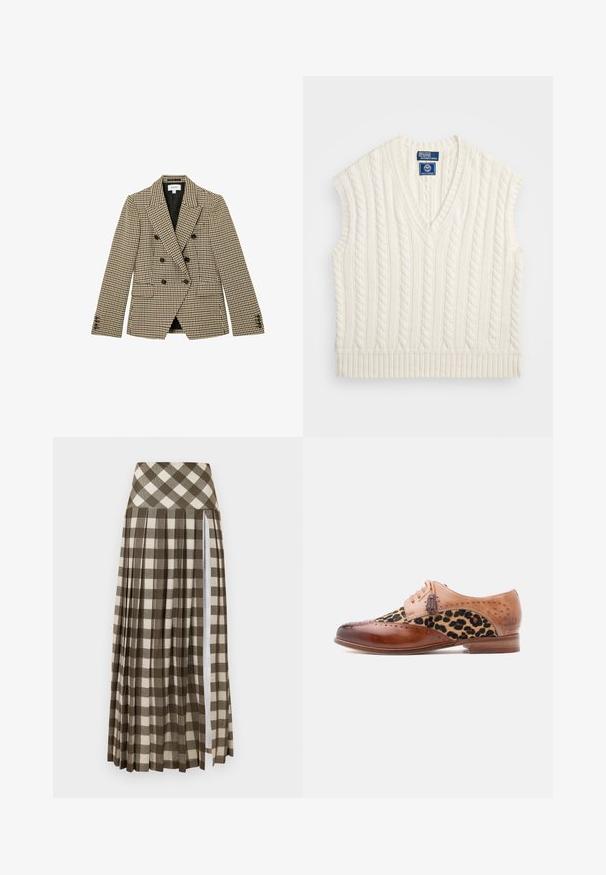 Doppelreihiger braun-beiger Hahnentritt-Blazer mit schwarzen Knöpfen und Kissingkragen, vorne mit Pattentaschen und langen Ärmeln.; Cremfarbener, ärmelloser Pullover mit Zopfmuster und V-Ausschnitt sowie geripptem Saum. Verfügt über ein strukturiertes Muster und ein Logoschild am Ausschnitt.; Langer, plissierter Rock mit einem braun-beigen karierter Muster. Hoch geschnittenes Design mit einem Seitenschlitz und weichem Stoffgefühl.; Brauner Lederschuh mit Leopardenmuster-Stoffeinsatz, Brogue-Verzierung, Quasten-Schnürdetails und niedrigem Holzabsatz.