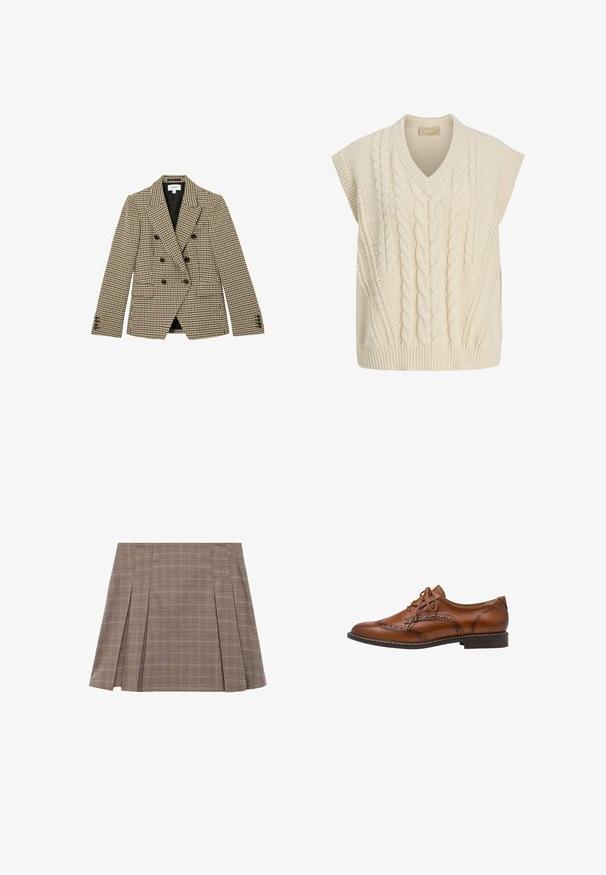 Blazer croisé marron et beige à motif pied-de-poule avec boutons noirs et revers crantés, poches avant à rabat et manches longues.; Gilet sans manches en tricot couleur crème avec motif torsadé et col en V.; Jupe mini plissée à carreaux marron avec des fentes latérales et une taille haute, présentant un motif à carreaux subtil.; Chaussure Oxford brogue en cuir marron avec détails à bout ailé, perforations, lacets et talon bas empilé sur fond blanc.