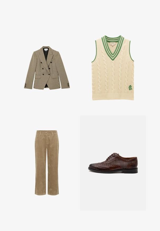 Dvojradové hnedo-bežové sako so vzorom káro houndstooth, čierne gombíky, výrezové klopy, predné vrecká s chlopňami a dlhé rukávy.; Krémová pletená bezrukávová vesta s výstrihom do V s zelenými pruhmi a vyšívaným zeleným logom blízko lemu.; Béžové kordové nohavice s pútkami na opasok, predným gombíkom, zipsovým uzáverom a rovnými nohavicami.; Hnedá kožená pánska elegantná obuv wingtip so vzorom brogue a károvanými látkovými bočnými panelmi, zobrazená z boku na bielom pozadí.