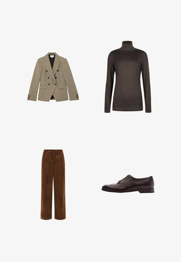 Dobbeltradet brun og beige hundetandsmønstret blazer med sorte knapper og hakrevers, frontlommer med klap og lange ærmer.; Brun turtleneck sweater lavet af blødt stof. Har lange ærmer og et tætsiddende design. Glat tekstur med ribbet hals og kant.; Brune kordfløjls bukser med bred benvidde, en tekstureret overflade, plisseret front og lynlås lukning. Har et lille mærke på taljebåndet.; Brune læder dress sko med brogue-detaljer, snørebånds lukning, rund tå og en lav stablet hæl. Poleret finish og indviklede perforeringer.