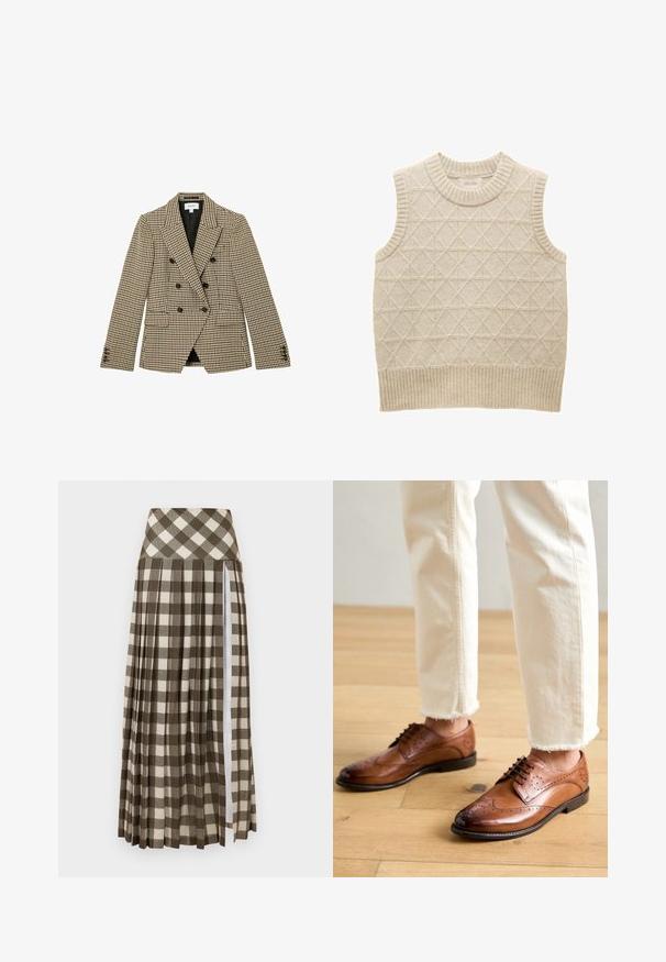 Blazer de pata de gallo marrón y beige de doble botonadura con botones negros, solapas con muesca, bolsillos frontales con solapa y mangas largas.; Suéter sin mangas de punto beige con patrón de diamantes, cuello y dobladillo acanalados, hecho de un material suave para mayor comodidad. Etiqueta de la marca visible en el interior.; Larga falda plisada con un patrón de cuadros en marrón y beige. Diseño de cintura alta con una abertura lateral y textura de tela suave.; Zapatos brogue de cuero marrón con detalles perforados, punta redondeada y un acabado suave, combinados con pantalones de color crema con dobladillo desflecado.