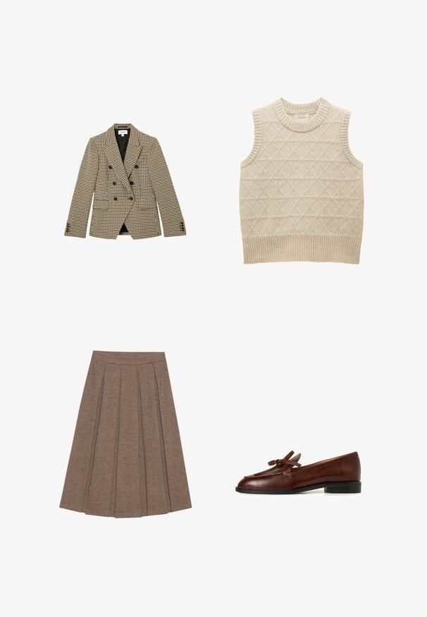 Blazer croisé marron et beige à motif pied-de-poule avec boutons noirs et revers crantés, poches avant à rabat et manches longues.; Pull sans manches en tricot beige avec motif en losanges, col et ourlet côtelés, fabriqué dans un matériau doux pour le confort. Étiquette de marque visible à l'intérieur.; Jupe plissée en tissu marron à motif en chevrons, dotée d'une taille ajustée et d'une silhouette évasée, offrant une texture et un design structurés.; Mocassin en cuir marron avec un bout arrondi, détail en nœud à l'avant et un petit talon noir. Texture lisse avec des accents de couture minimalistes.
