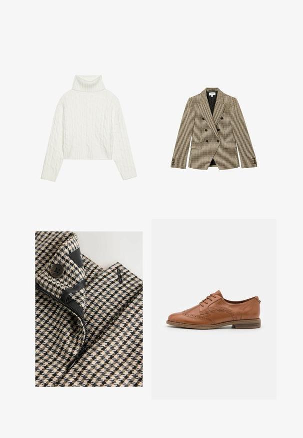 Dvojradové hnedo-bežové sako so vzorom káro houndstooth, čierne gombíky, výrezové klopy, predné vrecká s chlopňami a dlhé rukávy.; Biely sveter s vysokým golierom a pleteným vzorom, ktorý má skrátený strih. Ribbed manžety a spodný lem. Mäkká textúra s útulným a robustným dizajnom.; Detail béžového, čierno-bieleho odevu so vzorom kocky a čiernym gombíkom a čiastočne otvoreným čiernym zipsom.; Tamaris Šnurovačky - nut