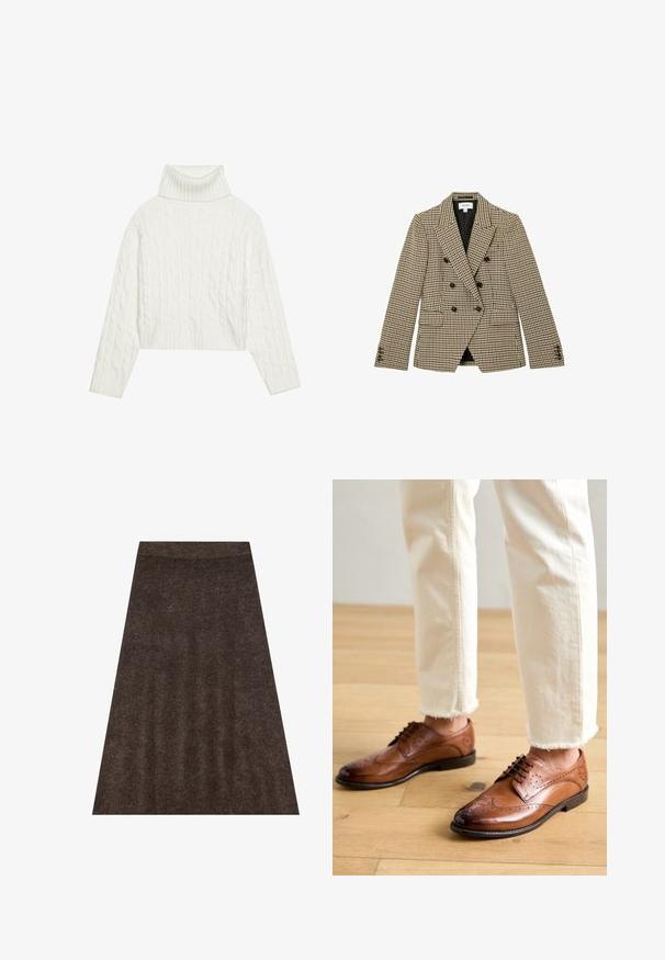 Blazer croisé marron et beige à motif pied-de-poule avec boutons noirs et revers crantés, poches avant à rabat et manches longues.; Pull à col roulé en maille blanche, avec une coupe courte, doté de poignets et d'un ourlet côtelés. Texture douce avec un design épais et confortable.; Jupe en tricot marron avec une conception évasée, une taille élastique et une texture subtile. Le tissu semble doux et chaud.; Chaussures brogues en cuir marron avec des détails perforés, bout arrondi et finition lisse, associées à un pantalon crème à ourlet effiloché.