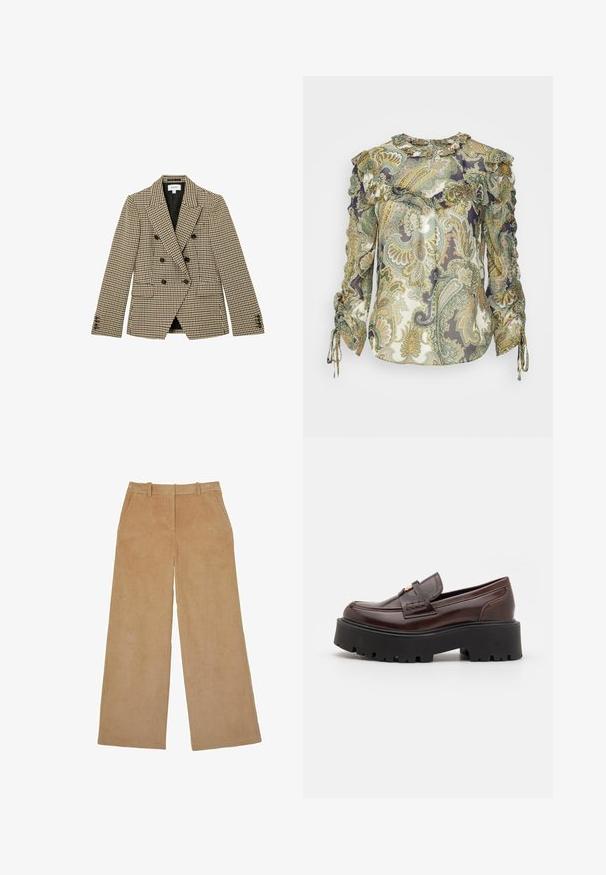 Dvojradové hnedo-bežové sako so vzorom káro houndstooth, čierne gombíky, výrezové klopy, predné vrecká s chlopňami a dlhé rukávy.; Veronica Beard HOWELL BLOUSE - Blúzka - green; Béžové široké manžety nohavíc z kordurovej látky s pútkami na opasok, bočnými vreckami a predným zipsom.; Madden Girl CALISTA - Našuchovačky - brown