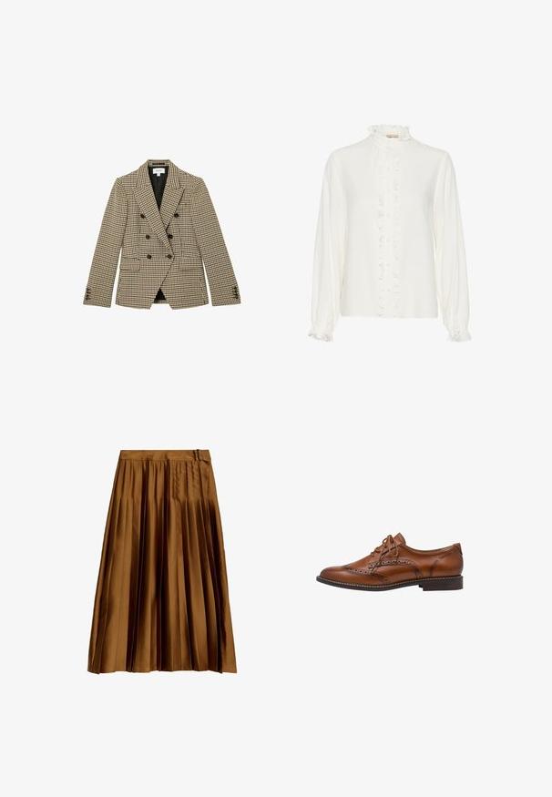 Dobbeltradet brun og beige hundetandsmønstret blazer med sorte knapper og hakrevers, frontlommer med klap og lange ærmer.; Hvid bluse med flæsefront, høj hals og lange ærmer. Lavet af et glat stof med knaplukninger ned gennem midten.; Brun satin plisseret midi-nederdel med en høj talje og suedetailer, vist fladt på en hvid baggrund.; Brun læder brogue oxford sko med vingetip detaljer, perforeringer, snørebånd og lav stablet hæl på hvid baggrund.