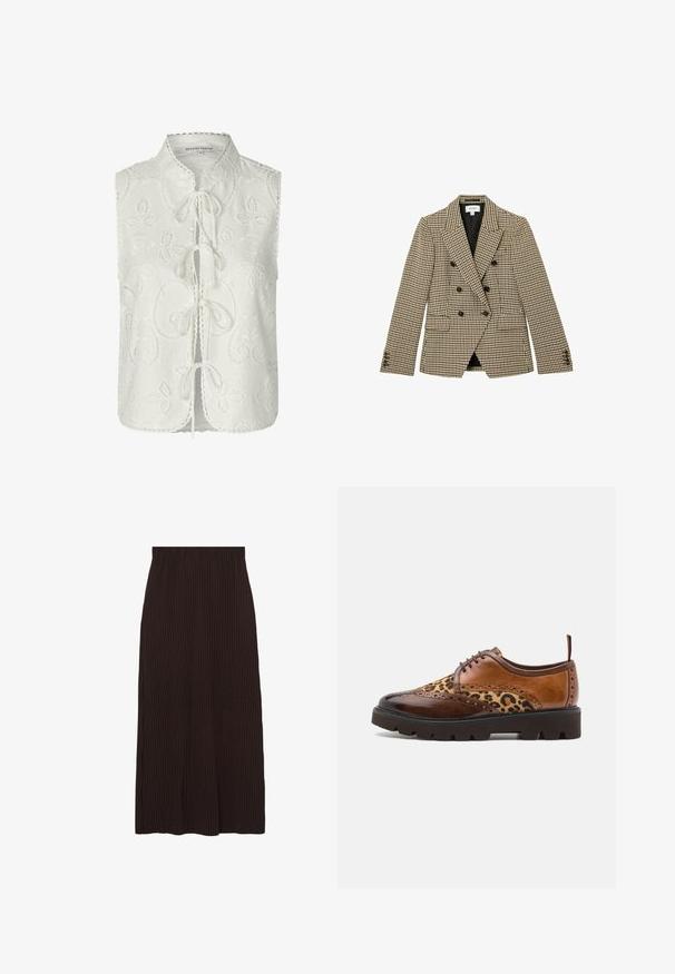 Dvojradové hnedo-bežové sako so vzorom káro houndstooth, čierne gombíky, výrezové klopy, predné vrecká s chlopňami a dlhé rukávy.; Biela bezrukávová blúzka s kvetinovou výšivkou, okrúhlym výstrihom a viazaním vpredu. Volánový lem a detailné švy.; Hnedá rebrovaná sukňa s dĺžkou po stred a elastickým pásom. Tkanina má textúrovaný povrch s vertikálnymi pruhmi.; Hnedá kožená šnurovacia obuv s akcentmi leopardieho vzoru, hladkým a textúrovaným povrchom, zaoblenou špičkou a hrubou, robustnou podrážkou.