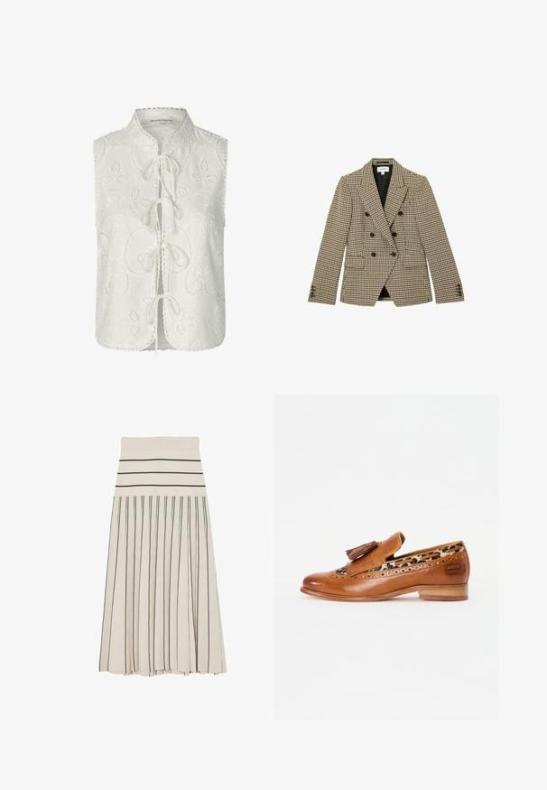 Dobbeltradet brun og beige hundetandsmønstret blazer med sorte knapper og hakrevers, frontlommer med klap og lange ærmer.; Hvid ærmeløs bluse med blomsterbroderi, rund halsudskæring og snore foran. Bølgeformet kant og detaljerede syninger.; Kremfarvet plisseret midinederdel med sorte horisontale striber på taljebåndet og sorte lodrette striber på nederdelens krop.; Brune læder loafers med dekorative kvaster og brogue-detaljer. Har en leopardprint foring og en lav træhæl.