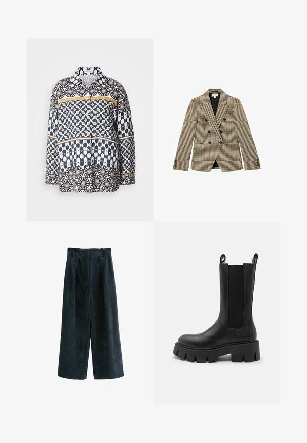 Dobbeltradet brun og beige hundetandsmønstret blazer med sorte knapper og hakrevers, frontlommer med klap og lange ærmer.; Langærmet skjorte i bomuld med et geometrisk mønster i navy, hvid og gul. Har krave og knaplukning foran.; Mørkegrønne corduroy brede bukser med en struktureret overflade, der har frontfolder, en glat talje og en cropped kant.; Sorte læder ankelstøvler med elastiske sidedele, trækremme, kraftig sål med mønster og forstærkede syninger. Overfladen har en glat struktur.