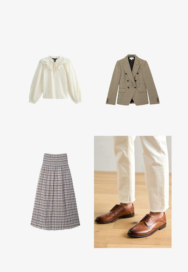 Blazer de pata de gallo marrón y beige de doble botonadura con botones negros, solapas con muesca, bolsillos frontales con solapa y mangas largas.; Blusa blanca de manga larga con escote con volantes y textura suave; presenta un lazo en el cuello y mangas abullonadas fruncidas.; Falda midi plisada de talle alto con patrón de cuadros en azul, marrón y blanco y cinturilla elástica.; Zapatos brogue de cuero marrón con detalles perforados, punta redondeada y un acabado suave, combinados con pantalones de color crema con dobladillo desflecado.
