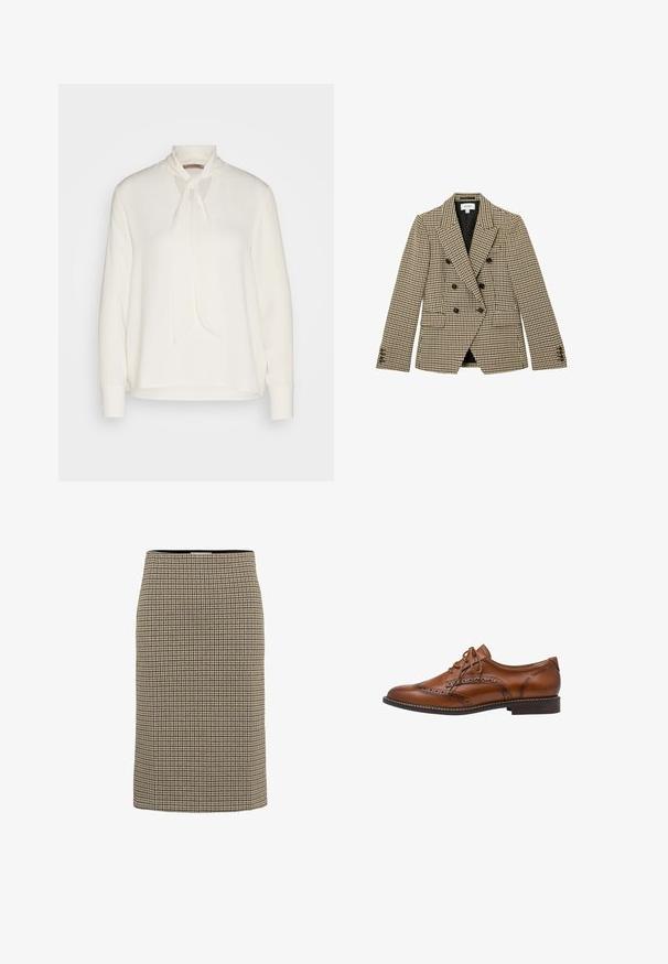 Dvojradové hnedo-bežové sako so vzorom káro houndstooth, čierne gombíky, výrezové klopy, predné vrecká s chlopňami a dlhé rukávy.; Biela blúzka s dlhými rukávmi a viazaním okolo krku, s hladkým povrchom a voľným strihom. Jednoduchá a elegantná, bez ďalších vzorov.; Part Two PWPencil - Puzdrová sukňa - toasted coconut check; Hnedá kožená oxfordská brogue topánka s detailmi krídel, perforáciami, šnúrkami a nízkym klinovým podpätkom na bielom pozadí.