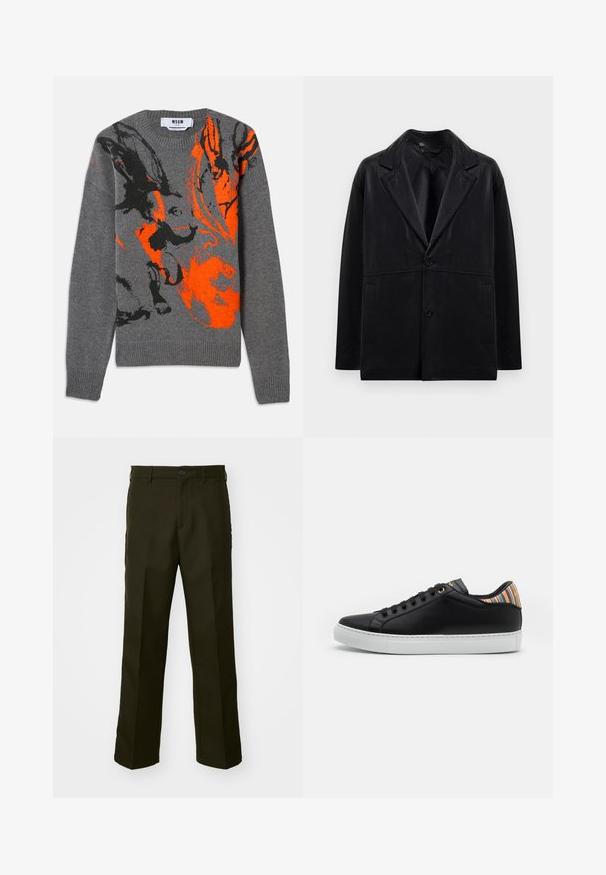 Sort læderblazer med rejsekrave, to knapper og sidelommer. Har en glat tekstur og en struktureret silhuet.; Grå strikket sweater med et kontrasterende orange og sort abstrakt design. Rund hals og ribbede manchetter og kant. Blød tekstur.; The Kooples PANTALON - Bukser - kaki; Sorte lædersneakers med en hvid gummisål, der har en stribet multicolor accent på hælen og sort snøre foran med gyldne øjer.
