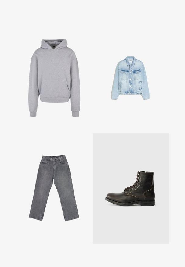 Lyseblå denimjakke med knaplukning foran, to brystlommer med klap, lodrette sidelommer og en spids krave.; Grå bomulds-hoodie med en frontlomme, snoretræk i hætten og ribbede manchetter og kant. Har en blød, tekstureret overflade.; High-waist lige ben grå jeans med forlommer, bæltestropper, knaplukning og synlige syninger på hvid baggrund.; Brun læder ankelstøvle med rund tå, syv huller design, hvid syning og struktureret overflade. Robuste gummisål, klassisk stil.