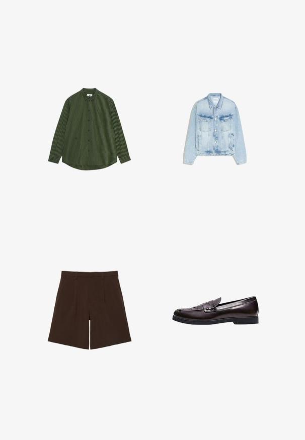 Veste en denim bleu clair avec boutonnière à l'avant, deux poches poitrine à rabat, poches latérales verticales et col pointu.; Chemise à manches longues à rayures verticales vert foncé et marine, dotée d'un col avec boutons, d'une poche sur la poitrine gauche et d'un ourlet arrondi.; Shorts marron foncé coupés au genou, cintrés avec passants de ceinture et plis sur le devant, présentés à plat sur fond blanc.; Mocassin en cuir marron foncé avec un petit talon, des détails cousus sur l'avant et une bride décorative sur le dessus.
