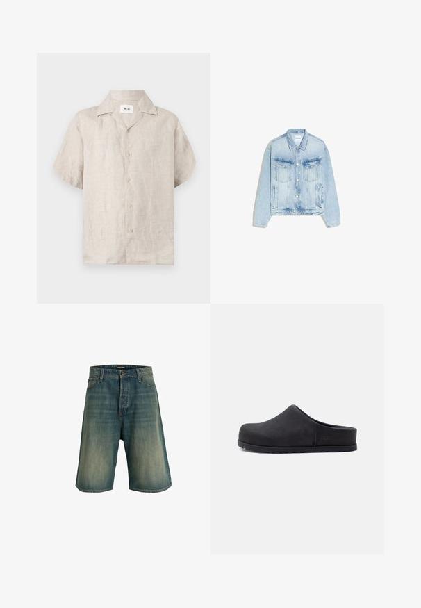 Veste en denim bleu clair avec boutonnière à l'avant, deux poches poitrine à rabat, poches latérales verticales et col pointu.; Chemise en lin beige à manches courtes avec col et boutons devant, avec une étiquette blanche visible à l’intérieur du col indiquant « NN.07 ».; Short en denim bleu avec fermeture par bouton et fermeture éclair, passants de ceinture et délavage sur les poches avant et arrière.; Sabot noir à enfiler, à bout fermé et dos ouvert, avec une semelle plate et un logo de marque discret sur le côté.