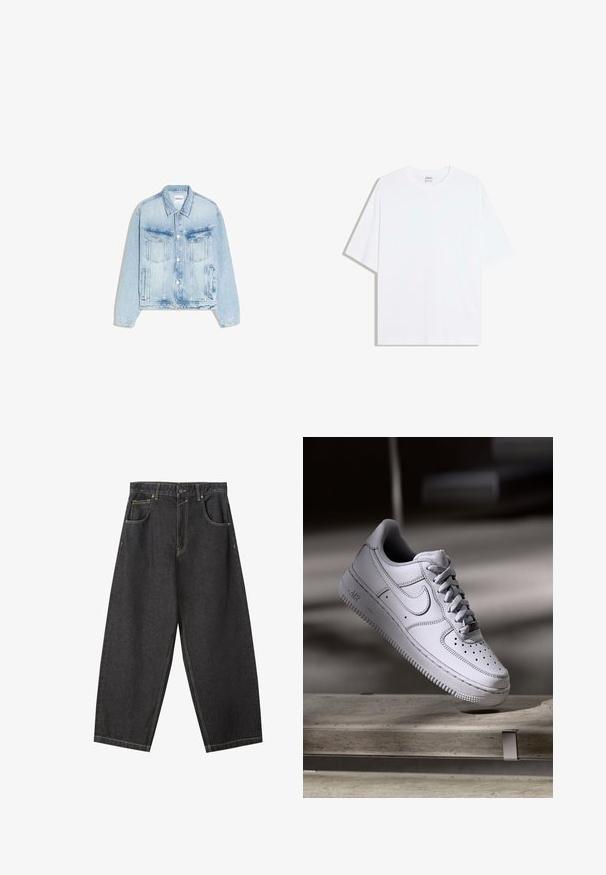 Lichtblauwe spijkerjasje met knoopsluiting aan de voorkant, twee borstzakken met klep, verticale zijzakken en een puntkraag.; Wit oversized katoenen T-shirt met een ronde hals en korte mouwen; gladde textuur, zonder zichtbare patronen of accenten.; Zwarte denim wijde pijpen broek met gele stiksels, vijf zakken ontwerp en een medium tailleband. Textuurstof met een gladde afwerking.; Witte Nike Air Force 1 sneaker van leer met geperforeerde neus, platte veters en een gestructureerde rubberen zool met "AIR"-logo aan de zijkant.