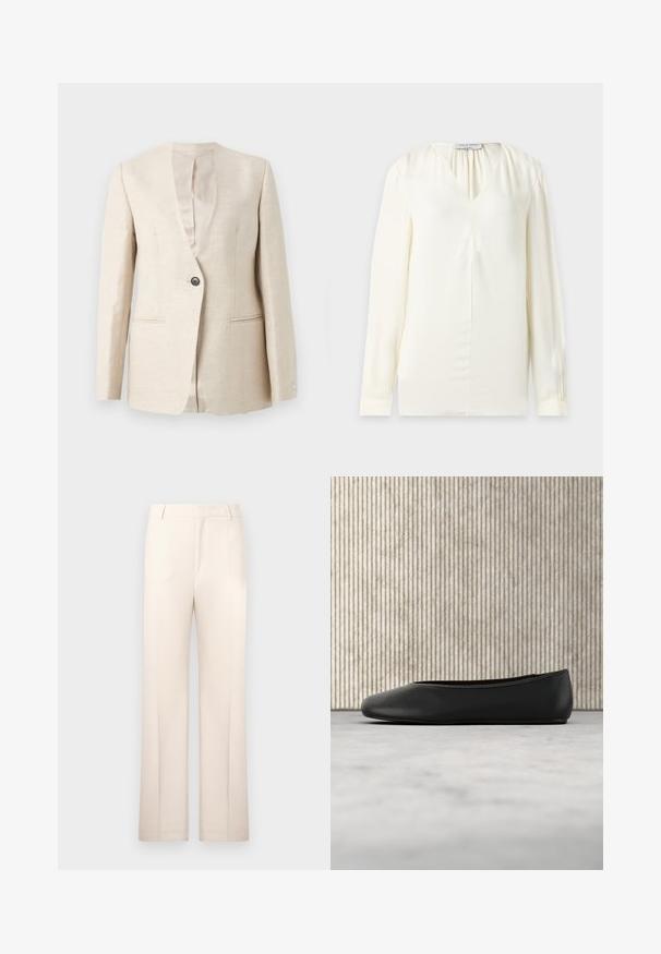 Blazer beige de un solo botón con escote en V, mangas largas y dos bolsillos delanteros con ribete, mostrado sobre un fondo liso.; Blusa de manga larga de color crema con cuello en V y pliegues sutiles cerca del escote, mostrada sobre un fondo liso.; Pantalones tailored beige con un diseño de pierna recta, hechos de tela ligera. Presentan pliegues en la parte delantera y una cintura clásica.; Bailarinas de cuero negro con punta redondeada, textura suave y un acento de logo dorado en el costado. Posicionadas sobre una superficie reflectante.