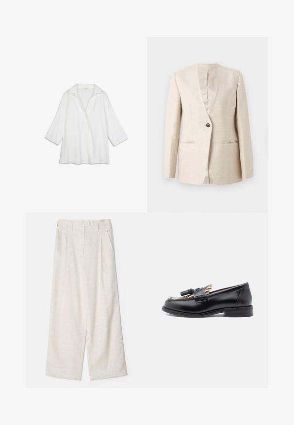 Blazer beige à un bouton, col en V, manches longues et deux poches passepoilées à l'avant, présenté sur un fond uni.; Chemise blanche à manches longues avec col, patte de boutonnage et coupe décontractée ; texture lisse avec un tissu léger et respirant.; Pantalons larges beiges en tissu léger et texturé. Présentent un devant plissé et une taille ajustée pour un ajustement structuré.; Mocassins en cuir noir avec un bout arrondi, ornés d'un accent en frange tissé et d'une doublure en imprimé animal contrasté. Talon bas et droit.
