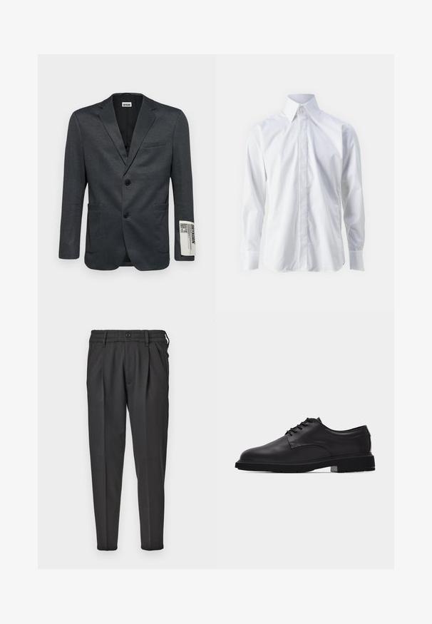 Donkergrijze blazer met twee voorzakken en een enkele knoopsluiting. Opmerkelijke tekstdetail op de mouw. Soepele textuur.; Witte langetermijnsokken met lange mouwen, gemaakt van gladde stof, met een klassieke kraag, knoopsluiting en fijn geborduurd logo op de linkeronderkant.; Zwarte broek van gladde stof, met een geplooide voorkant, elastische tailleband en rechte pijpen met een taps toelopende onderkant.; Zwarte leren veterschoen voor heren met gladde afwerking en dikke rubberen zool, zijaanzicht op witte achtergrond.