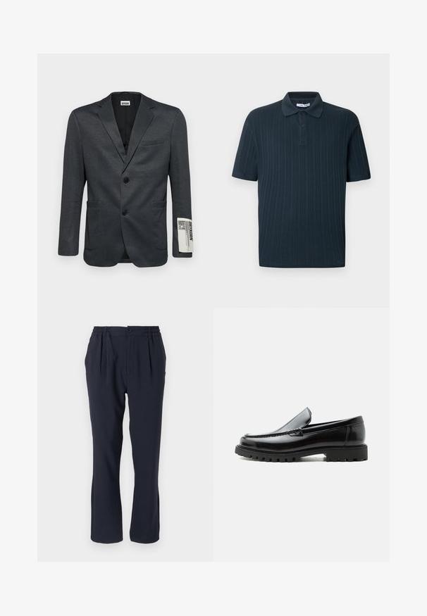 Blazer gris oscuro con dos bolsillos frontales y un cierre de botón único. Detalle de texto notable en la manga. Textura suave.; Polo de manga corta azul marino con textura acanalada, con cuello de solapa y tapeta de tres botones.; Pantalones azul marino hechos de una tela suave con una cinturilla elástica, que cuentan con pliegues frontales y un diseño de pierna recta.; Mocasín de cuero negro con suela de goma gruesa, empeine cosido y nombre de la marca en relieve en el talón, mostrado en perfil lateral sobre fondo blanco.