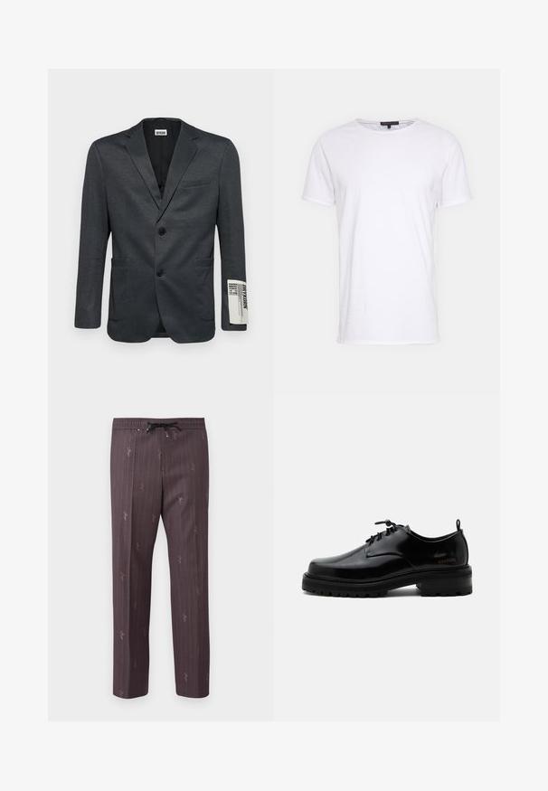 Mørkegrå blazer med to frontlommer og enkelt knaplukning. Bemærkelsesværdig tekstdetalje på ærmet. Glat tekstur.; Hvid bomulds t-shirt med rund halsudskæring, korte ærmer og lige snit. Har en enkel, glat overflade uden yderligere mønstre.; Elastisk taljebukser i mørk lilla med lodrette striber og subtile trykte detaljer. Let materiale med en afslappet pasform.; Sort poleret læder snørestøvle med tyk gummisål og lav hæl, sideskilt med mærketekst "SAMSOE" og bageste træksnor.