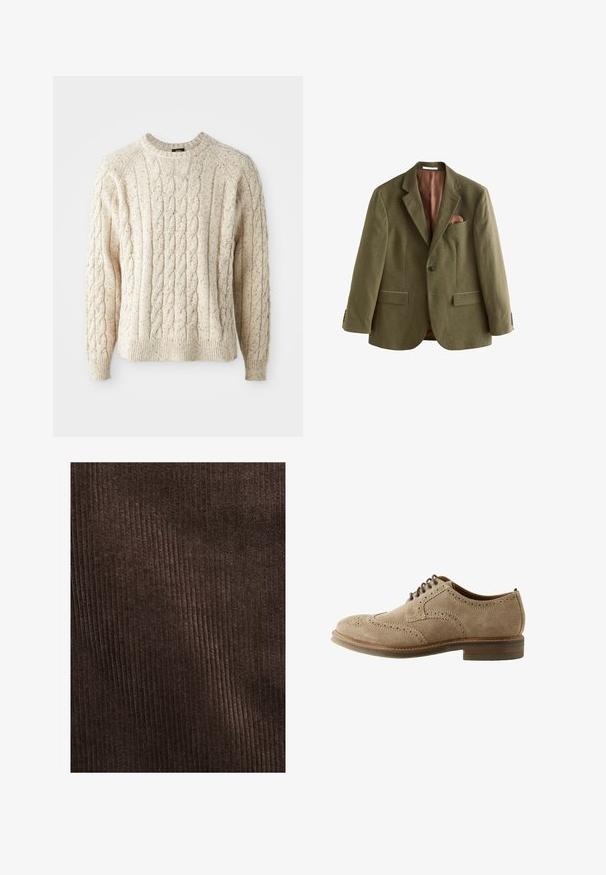Olivgrüner Herrenblazer mit Kerbklappen, Ein-Knopf-Verschluss, zwei vorderen Pattentaschen und einem braunen Einstecktuch in der Brusttasche.; Cremfarbener Kabelstrickpullover mit Rundhalsausschnitt, strukturiertem Muster und gerippten Bündchen und Saum. Hergestellt aus weicher, dicker Wolle.; Braunes Cordura-Gewebe mit vertikalen Rippungen, weicher Textur und einer tiefen, reichen Farbe, geeignet für Polsterungen oder Kleidung.; Hellbrauner Herren-Brogue-Schuh aus Wildleder mit Wingtip-Details, geschlossener Schnürung, perforierten Mustern und gestapeltem Absatz auf weißem Hintergrund.
