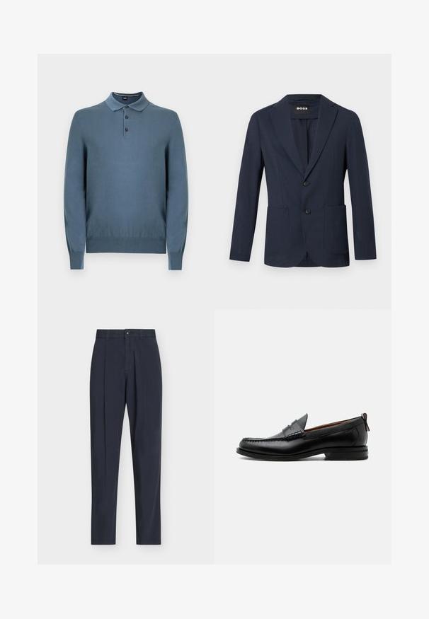 Veste pour homme bleu marine à deux boutons, col à revers cranté, poches plaquées et tissu léger texturé.; Pull polo bleu à manches longues en tissu tricoté, avec un col classique, une patte de boutonnage à trois boutons, des poignets et un ourlet côtelés.; Pantalon bleu marine ajusté avec plis à l'avant, passants de ceinture, braguette zippée et fermeture par bouton sur fond blanc uni.; Mocassin homme en cuir noir avec couture moc toe, bride penny, col texturé et petit talon empilé sur fond blanc.