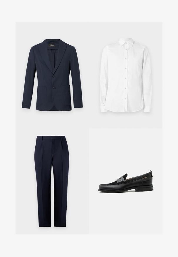 Marineblaues Herrenblazer mit zwei Knöpfen, Revers mit Kerbkragen, aufgesetzten Taschen und leichtem, strukturiertem Stoff.; Weißes, langärmliges Hemd aus Baumwolle mit Knöpfen. Verfügt über einen spitzen Kragen und ein kleines, gesticktes Logo auf der Brust. Glatte Textur.; Marineblaue, maßgeschneiderte Hose aus strukturiertem Stoff, mit geradem Schnitt, Vorderfalten und einem klassischen Bund mit Gürtelschlaufen.; Schwarzer Lederloafer mit grauem Riemendetail, niedrigem Absatz und strukturierter Sohle, seitlich mit „HUGO“ in Gold gebrandmarkt.