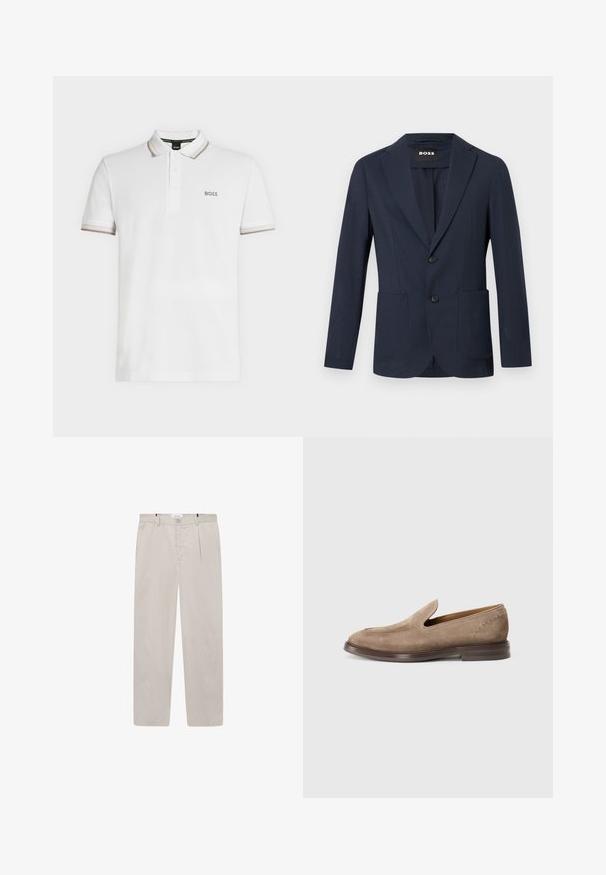 Veste pour homme bleu marine à deux boutons, col à revers cranté, poches plaquées et tissu léger texturé.; Polo blanc à manches courtes avec col et manches bordés de beige, patte de boutonnage à trois boutons, et petit logo « BOSS » sur la poitrine.; Pantalons beige clair en tissu doux, présentant une coupe droite, deux poches latérales et une fermeture par bouton à l'avant. Texture légère et lisse.; BOSS CASSIAN - Chaussons - beige/khaki