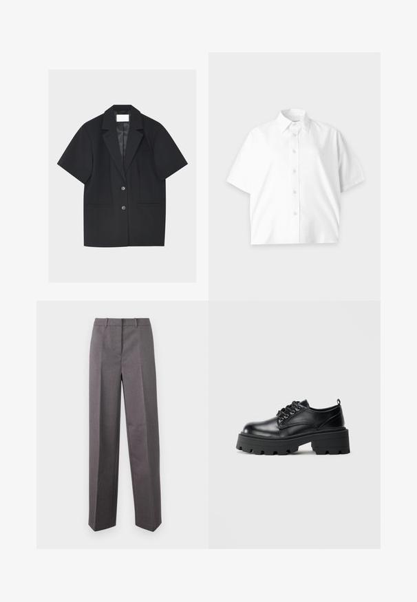 Sort blazer med korte ærmer, to knapper, notched revers og tre gennemgående lommer foran, vist på en ensfarvet lys baggrund.; Hvid kortærmet skjorte med knapper og krave, enkelt design og diskret logo på brystet, vist på en lys baggrund.; Grå skræddersyede bukser lavet af struktureret stof, med lige ben, flad front og bæltestropper.; Sorte lædersko med rund tå, snøresystem og en kraftig gummisål med dybe slidbaner. Enkel syning langs kanterne.