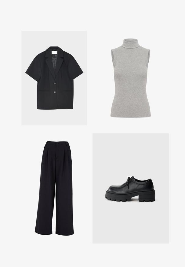 Sort blazer med korte ærmer, to knapper, notched revers og tre gennemgående lommer foran, vist på en ensfarvet lys baggrund.; Ærmeløs rullekrave top i lys grå ribbet stof. Har en figursyet silhuet og højt halsdesign. Glat tekstur med minimal detaljering.; Bredde bukser i sort stof med frontpliser, knaplukning og en glat overflade. Skræddersyet design med høj talje.; Sort læder snørebåndssko med en tyk, tekstureret sort gummisål og en rund tå. Har subtile syninger.