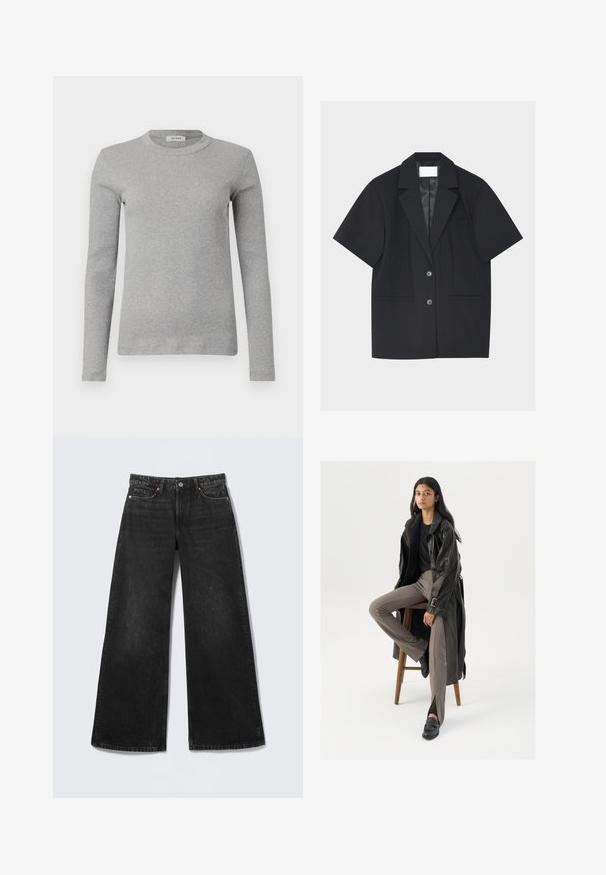 Blazer noir à manches courtes avec deux boutons, revers crantés et trois poches passepoilées à l'avant, présenté sur un fond clair uni.; Pull gris à manches longues en tissu côtelé, avec un col rond et une silhouette ajustée. Design simple, sans motifs ni accents visibles.; Jean noir à jambes larges avec cinq poches et fermeture par bouton, présenté à plat sur un fond clair.; Manteau trench en cuir noir avec des boutons et une ceinture, associé à un pantalon ajusté marron clair et des mocassins noirs, assis sur un tabouret en bois.