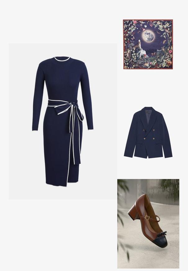 Blazer azul marino de doble botonadura, hecho de una tela suave, con botones dorados, solapas con muesca y dos bolsillos frontales.; Vestido de punto acanalado en color azul marino con mangas largas, escote redondo y ribete blanco. Presenta un cinturón atado en la cintura y una hendidura lateral como detalle.; Tacón Mary Jane de cuero marrón con puntera negra, lazo negro, correa con hebilla dorada y tacón de bloque sobre suelo texturizado claro.; Bufanda de seda con un lobo sobre una roca bajo una luna llena, rodeado de diversas flores, hojas, mariposas y pequeños animales en colores vibrantes.