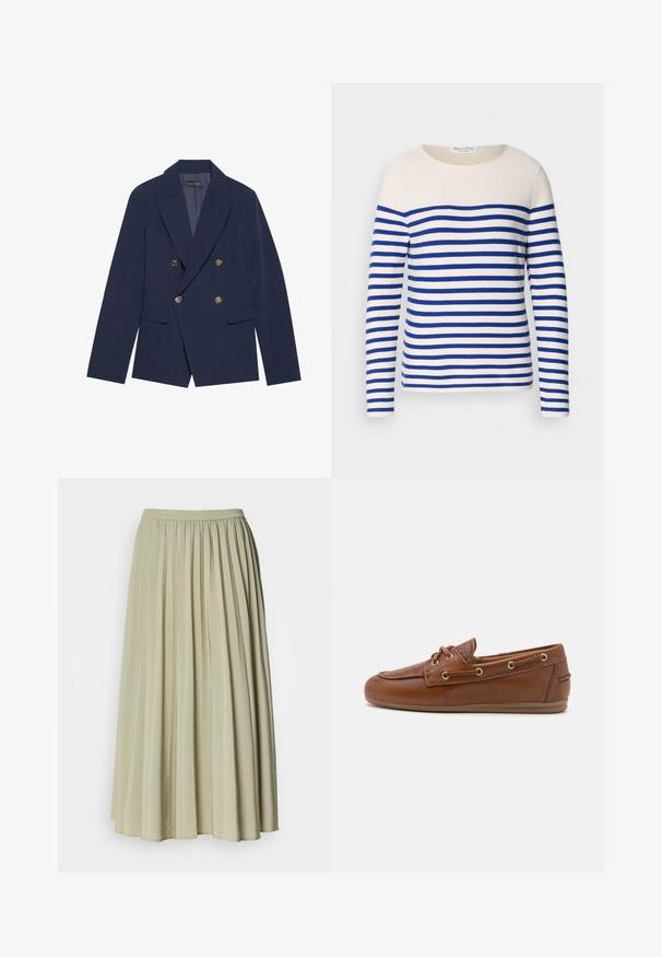 Navyblauwe dubbelzijdige blazer van gladde stof, met gouden knopen, ingesneden revers en twee voorzakken.; Gestreepte lange mouw top met blauwe en witte horizontale strepen, een ronde halslijn en een zacht breiwerk. Etiket zichtbaar bij de halslijn.; Plissé lange rok van een zachte, lichtgroene stof. Heeft een elastische tailleband en een vloeiende pasvorm, met uniforme plooien over het geheel.; Bruine leren bootschoenen met vetersluiting, metalen oogjes, een gestructureerde afwerking en een flexibele tan rubberen zool. Rond afgewerkte teen.