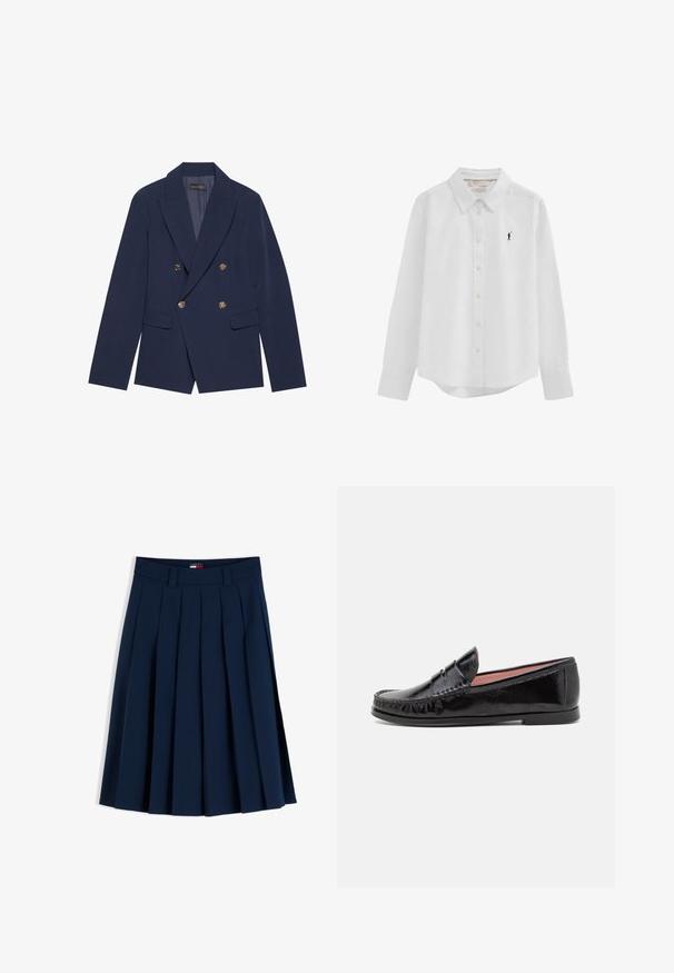 Marineblå dobbeltradet blazer lavet af glat stof, med guldtonede knapper, spidse klapper og to forlommer.; Hvid langærmet skjorte med knapper, krave og lille sort broderet polo-spillerlogo på venstre bryst.; Fløjlsblå plisseret nederdel med bæltestropper og en lille rød, hvid og blå logotags på linningen, vist på en hvid baggrund.; Sorte laklæder loafer-sko med rund tå, dekorativ syning på overdelen og en lav, flad gummisål.