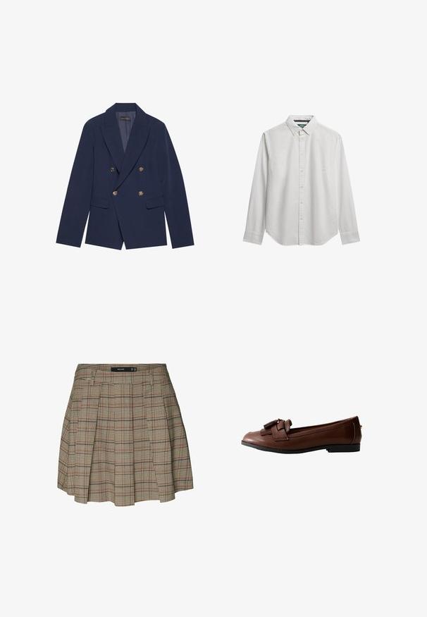 Marineblå dobbeltradet blazer lavet af glat stof, med guldtonede knapper, spidse klapper og to forlommer.; Langærmet hvid skjorte med knapper og button-down krave, vist på en hvid baggrund.; Vero Moda VMELLIE Mid waist Mini - A-snit nederdel - silver mink; Brun læder loafers med flad sål, detaljeret med en sløjfe og frynseaccent foran, med en glat tekstur og slank design.