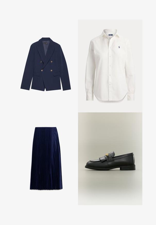 Navyblauwe dubbelzijdige blazer van gladde stof, met gouden knopen, ingesneden revers en twee voorzakken.; Witte blouse met lange mouwen, knopen, kraag en klein blauw logo van een polospeler op de linkerborst.; Navy geplooide midi-jurk gemaakt van lichte stof met een zachte textuur, voorzien van gelijkmatig verdeelde verticale plooien en een elastische tailleband.; Zwarte leren loafer met franjes en gouden embleem op een neutrale achtergrond, zijaanzicht.