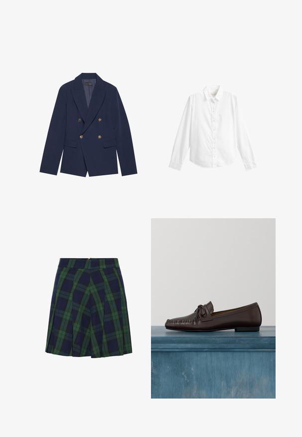Navyblauwe dubbelzijdige blazer van gladde stof, met gouden knopen, ingesneden revers en twee voorzakken.; Wit overhemd met lange mouwen, kraag, zeven knopen en aansluitende manchetten, afgebeeld tegen een effen witte achtergrond.; Marineblauwe en groene geplooide rok met een tartan patroon en een ritssluiting aan de achterkant.; Bruine leren loafers met een ronde neus, strikdetail en sierstiksels langs de wreef. Platte zwarte rubberen zool.
