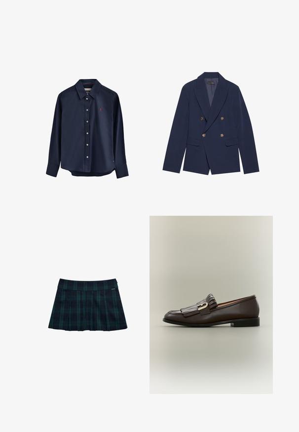 Navyblauwe dubbelzijdige blazer van gladde stof, met gouden knopen, ingesneden revers en twee voorzakken.; Marineblauw overhemd met lange mouwen, gemaakt van gladde stof. Heeft een puntige kraag, knoopsluiting en een klein rood logo op de borst.; Geruite geplooide rok in donkergroen en marineblauw met een gladde tailleband en logodetail. Heeft een klassiek, gelaagd plooidesign.; Donkerbruine leren loafer met franje-detail en gouden gesp op een neutrale achtergrond, zijaanzicht.