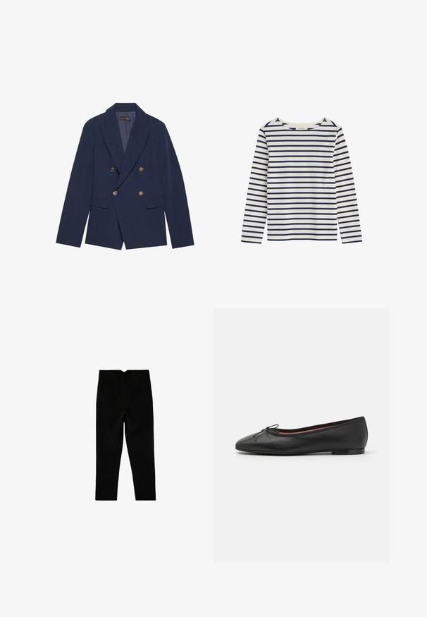 Blazer croisé bleu marine en tissu lisse, doté de boutons dorés, de revers crantés et de deux poches avant.; Chemise blanche à manches longues avec des rayures horizontales bleu marine et un col rond, étalée à plat sur un fond blanc.; Pantalon noir sur mesure longueur cheville avec poches latérales et jambe légèrement fuselée, présenté à plat sur un fond blanc.; Ballerines en cuir noir avec un bout arrondi, détail de nœud à l'avant et un talon bas et plat. Texture lisse et design épuré.